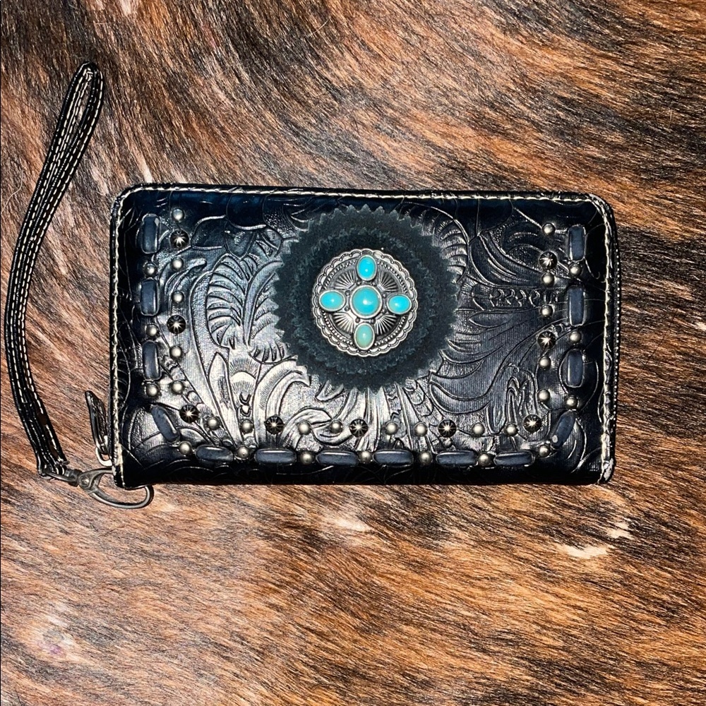 Black Tooled Leather Wristlet Wallet with Turquoise Accent
